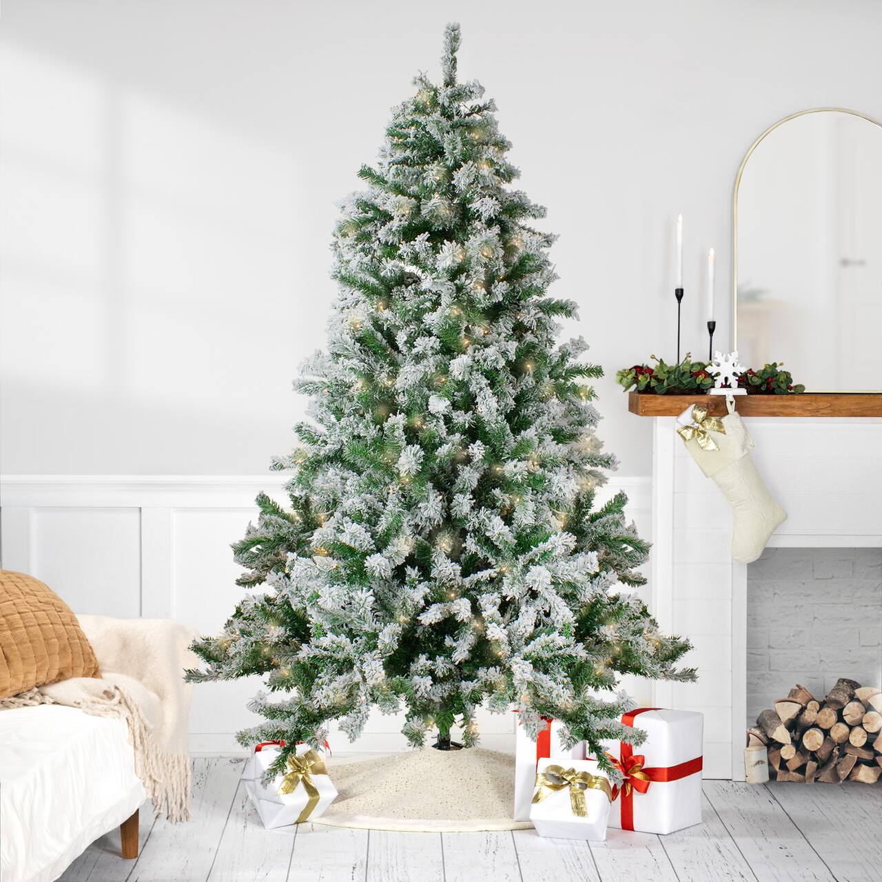 7.5ft. Pre-Lit Flocked Winter Park Fir Artificial Christmas Tree, Warm Clear LED Lights